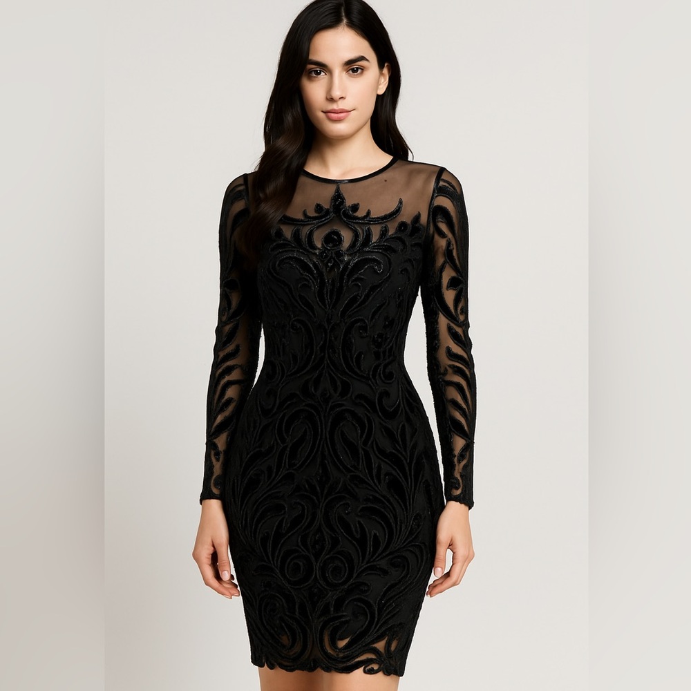 NEW‎ Marchesa Notte Black Velvet Burnout Sequin Mesh Long Sleeve Sheath Dress 6